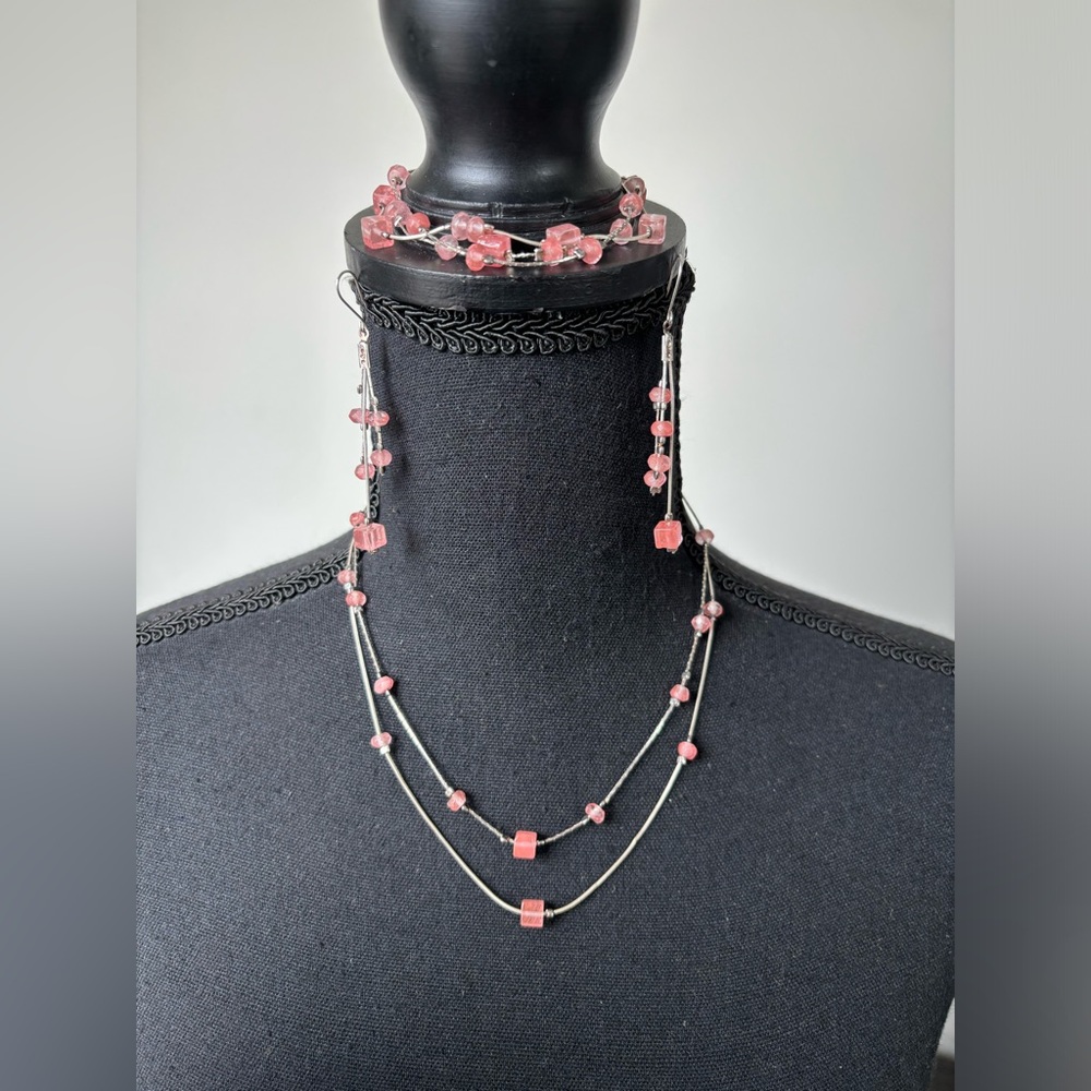 Women’s Layered Silver Murano Glass Beaded Necklace, Earrings and Bracelet Set